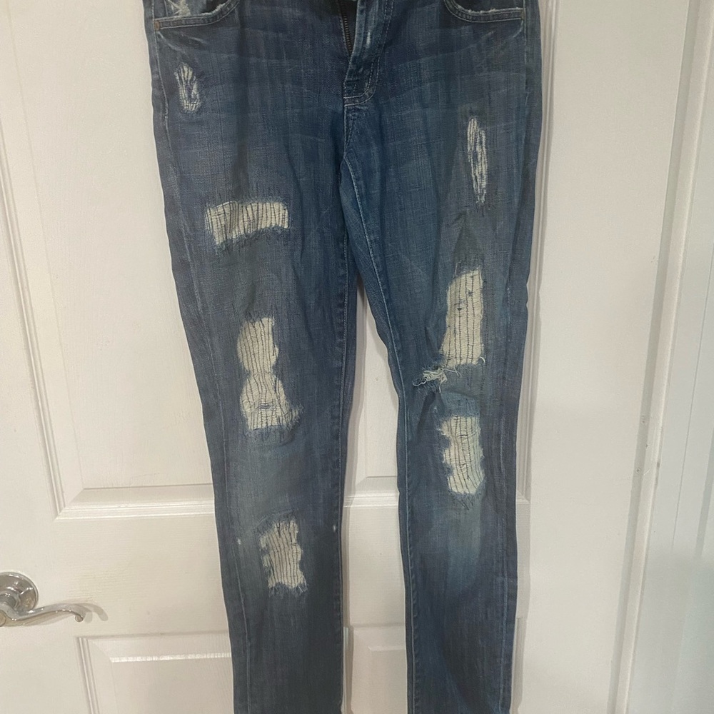 7 For All Mankind Blue Distressed Boyfriend Jeans Made in USA Beachwood Wash